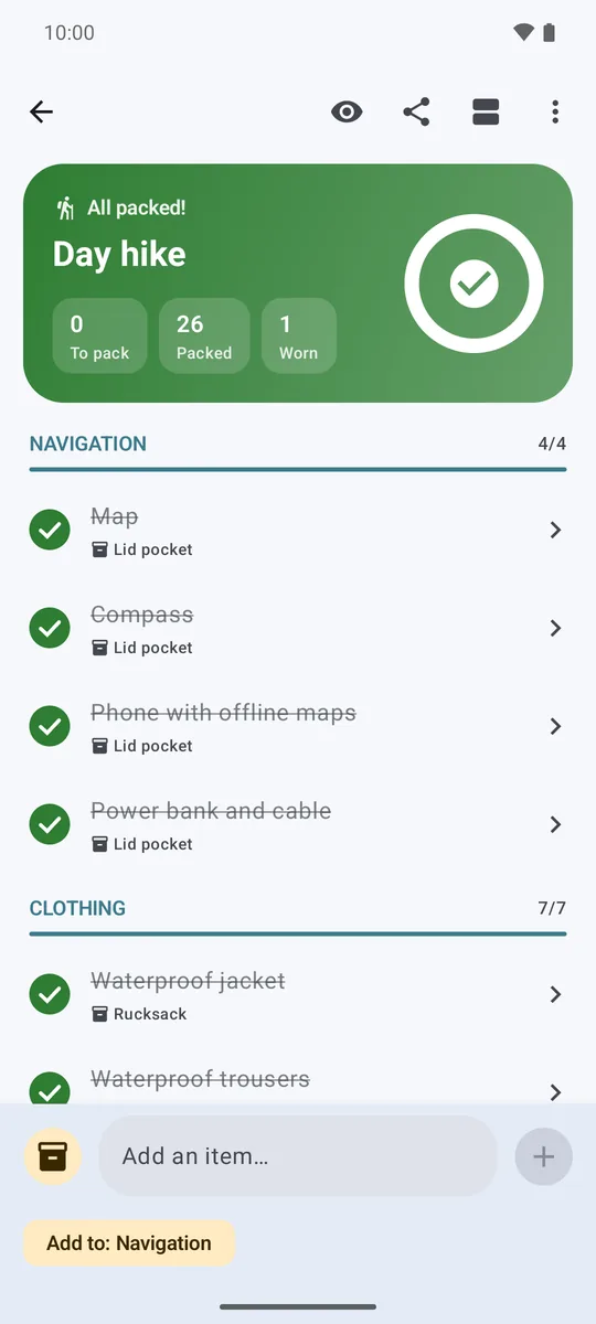 A Kit Check list showing All packed with every item ticked