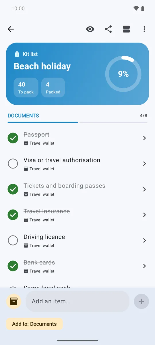 A beach holiday list in Kit Check with the passport and tickets ticked off