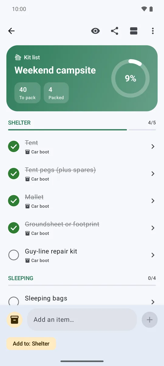 A camping weekend list in Kit Check