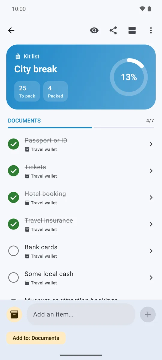A city break list in Kit Check