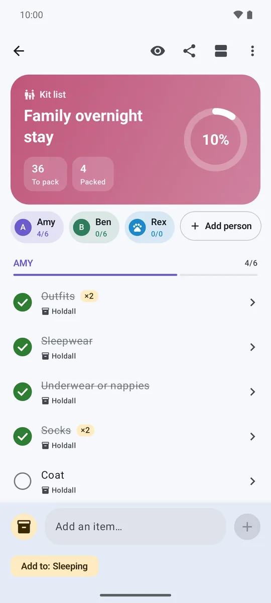 A Kit Check family list with progress chips for Amy, Ben and Rex the dog