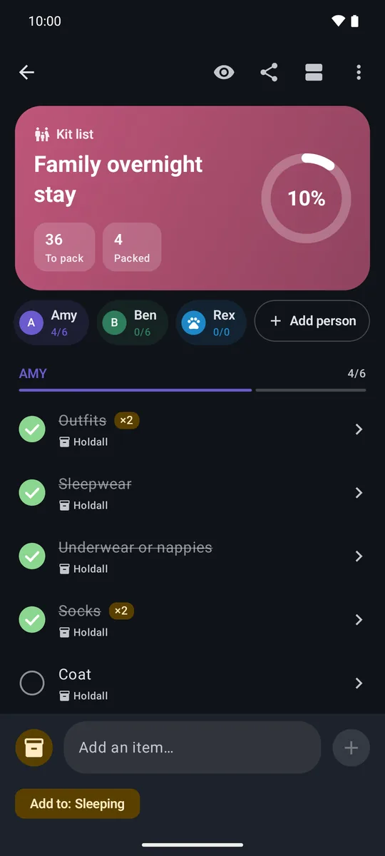 The same family list in the dark theme