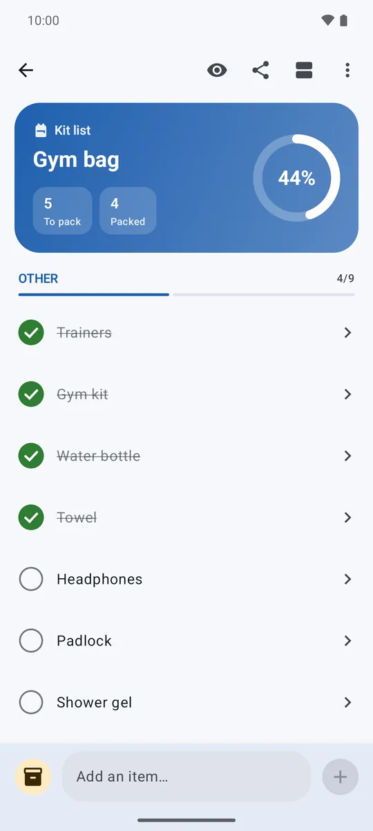 A gym bag list in Kit Check