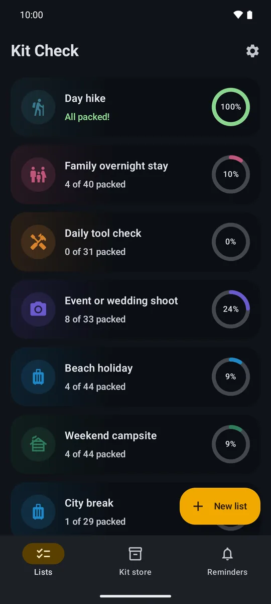 Kit Check in the dark theme