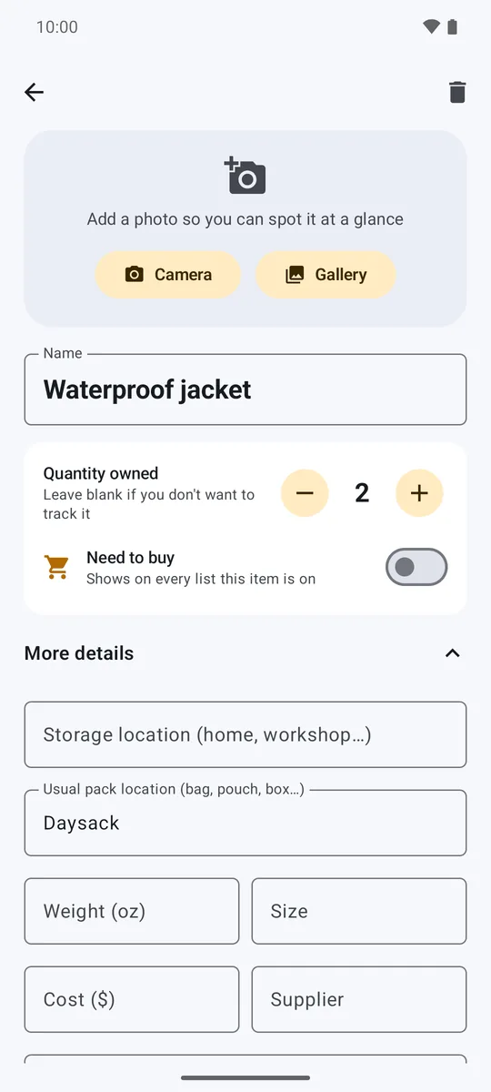 Kit Check item details with quantity owned and the need to buy switch