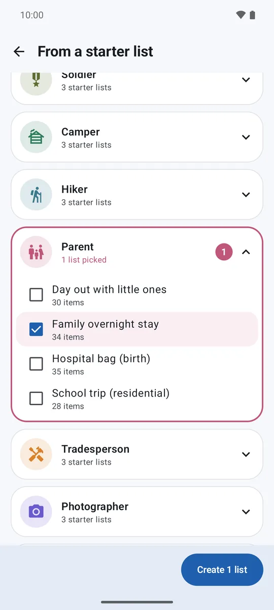Choosing a ready-made list in Kit Check