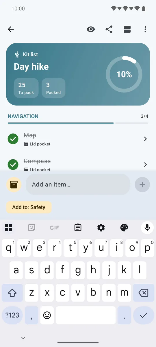 Typing a new item into the Kit Check add bar