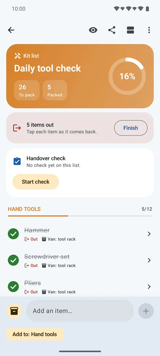 Kit Check showing items marked as out on a job