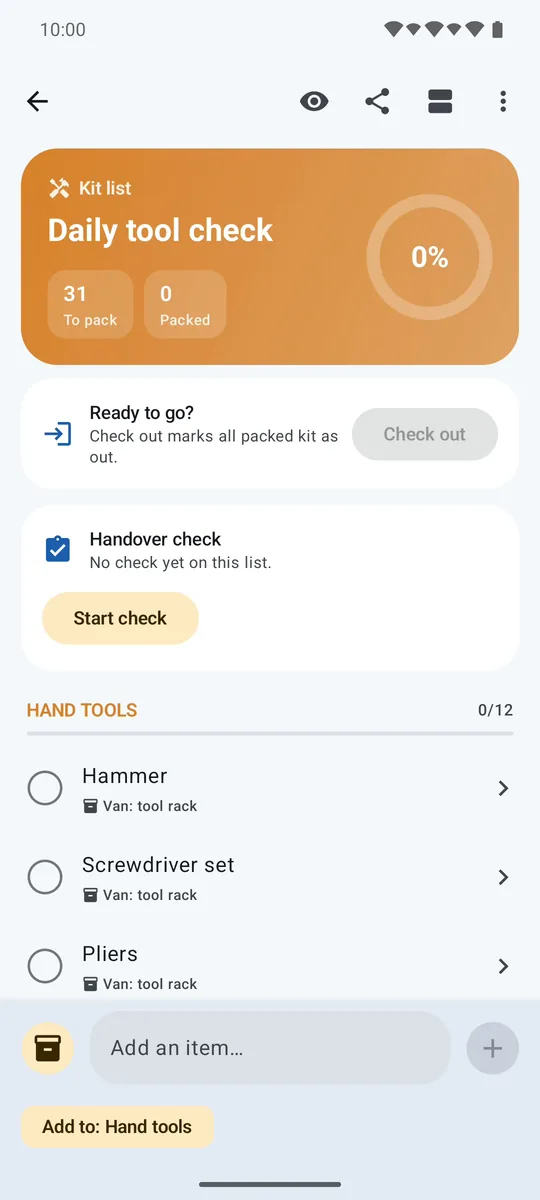 A Kit Check list with the check-out and handover check cards switched on
