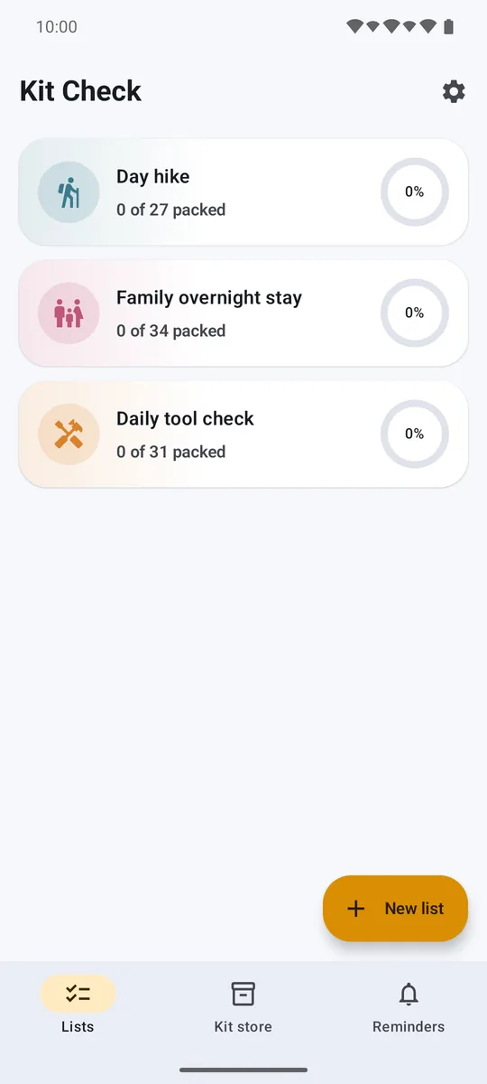 The Kit Check home screen with three lists and their progress rings