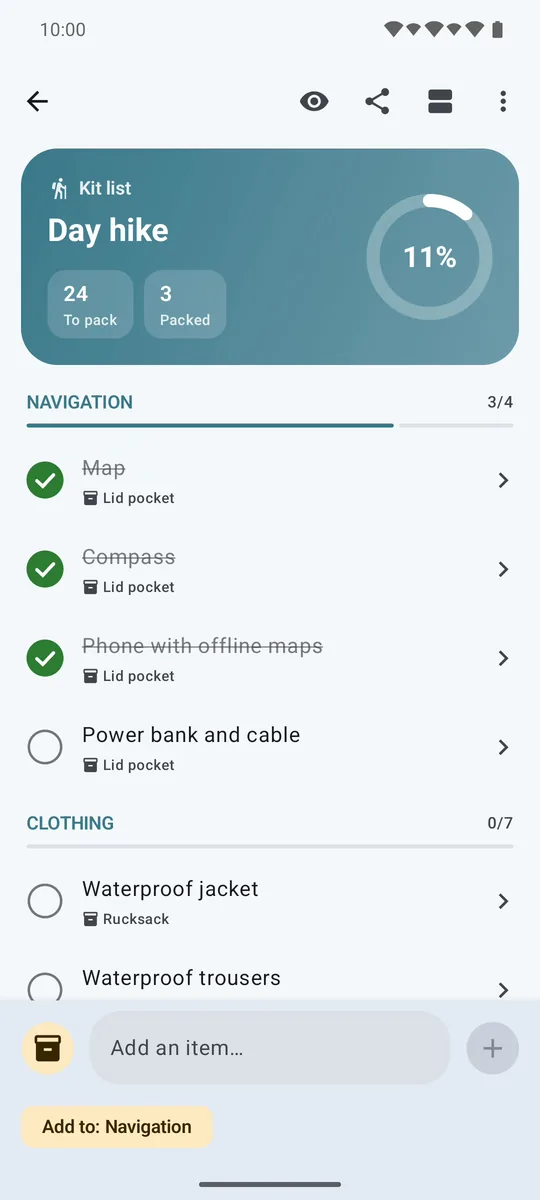 A Kit Check list with three navigation items ticked off