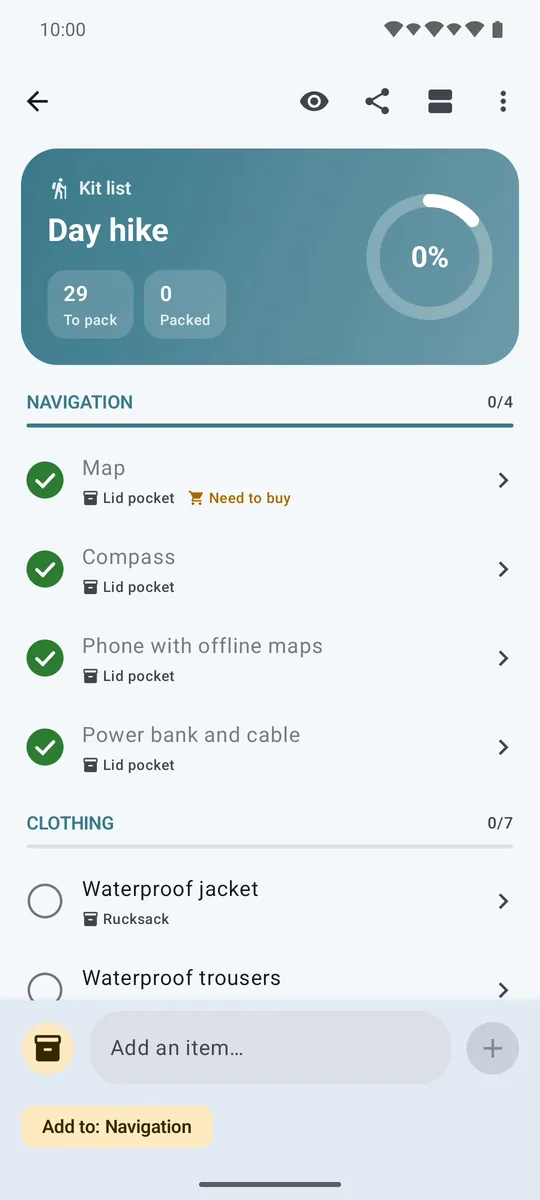 A Kit Check list after Reset for next trip, with every item unpacked