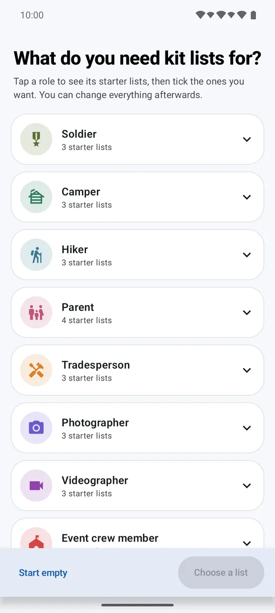The Kit Check welcome screen asking what you need kit lists for