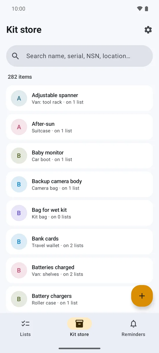 The Kit Check kit store listing every item you own