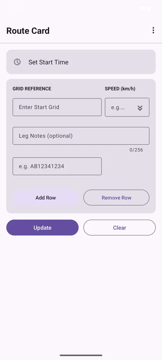 An empty Route Card main screen after tapping Clear