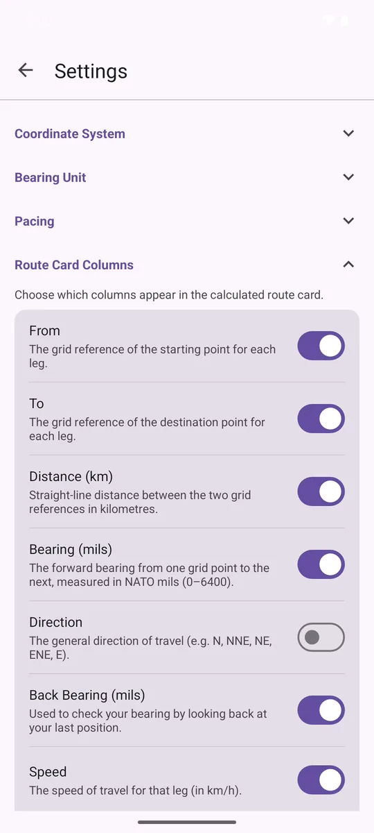 Route Card Columns settings with the Direction column switched off