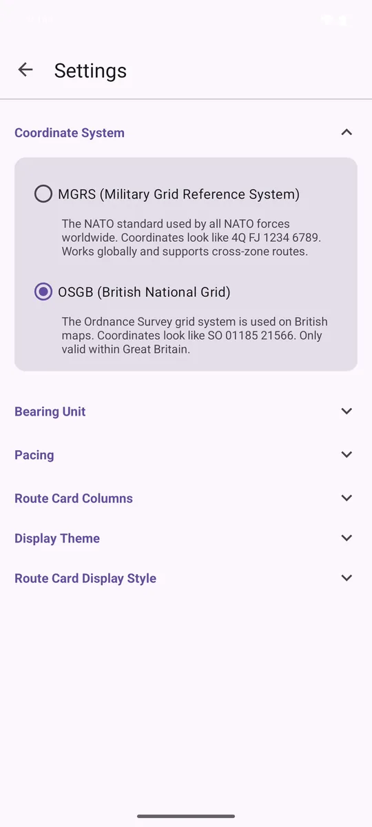 Settings screen with Coordinate System open and OSGB selected
