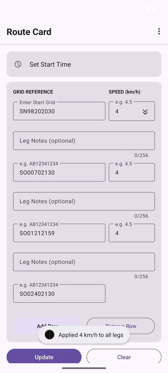 Message confirming 4 km/h has been applied to all legs
