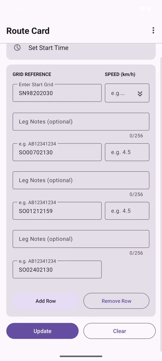 Four OS grid references entered on the Route Card main screen