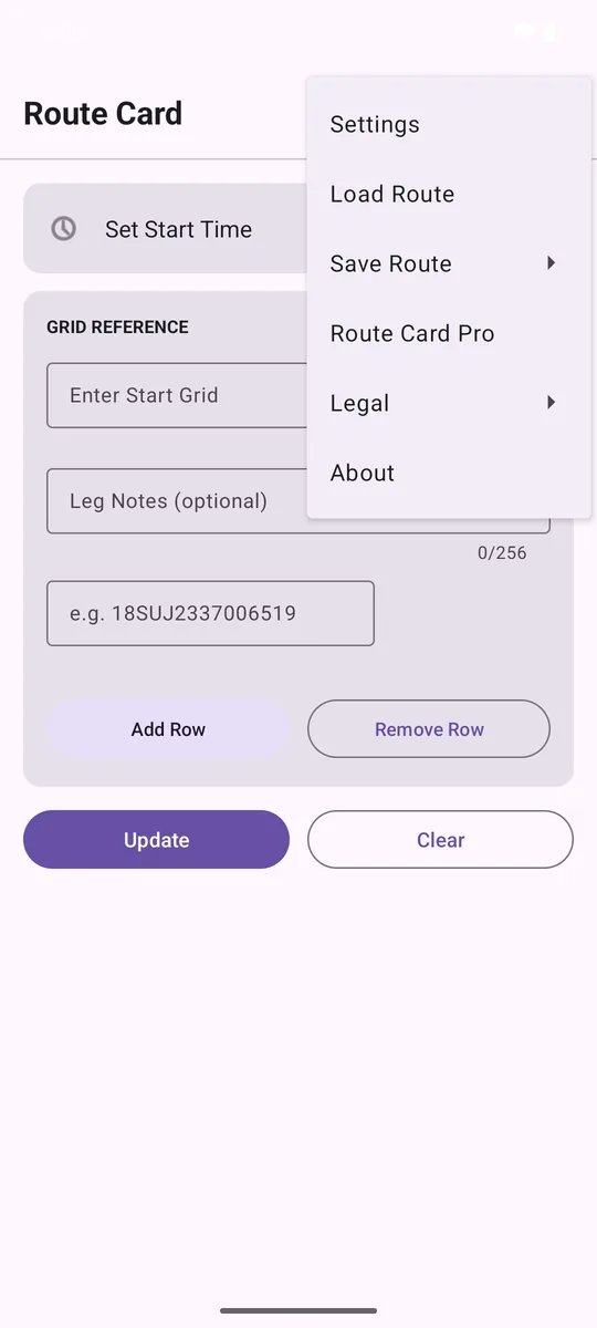 The Route Card menu showing Settings, Load Route, Save Route, Route Card Pro, Legal and About