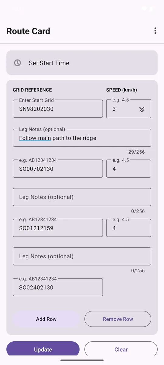 A leg note being entered in Route Card