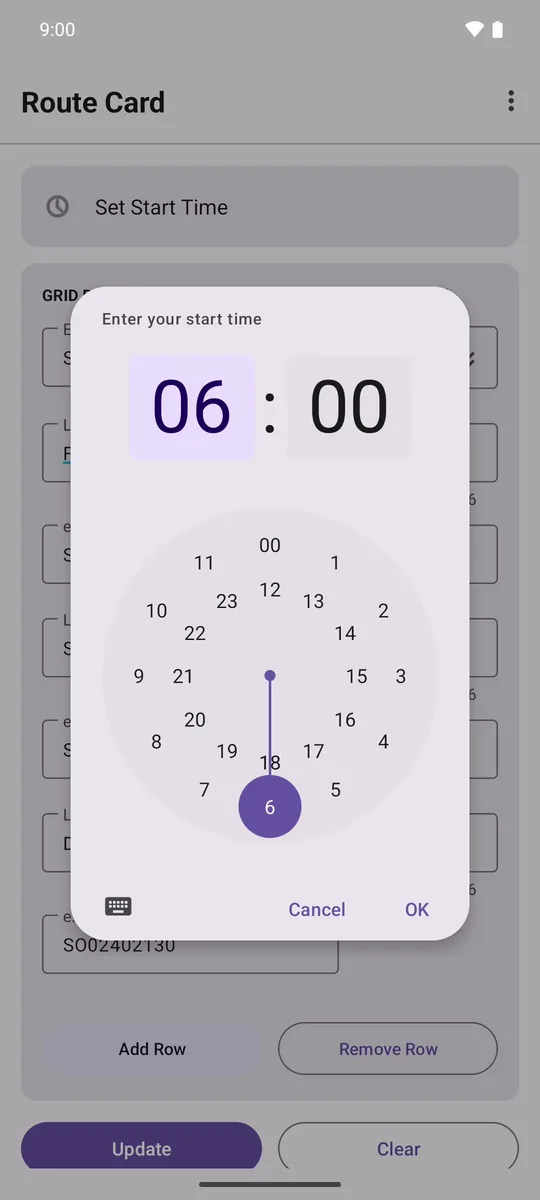 Route Card start time picker showing a 24-hour clock