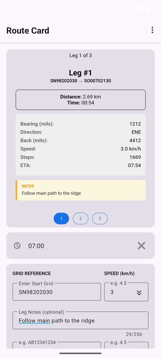 The calculated route card at the top of the Route Card main screen