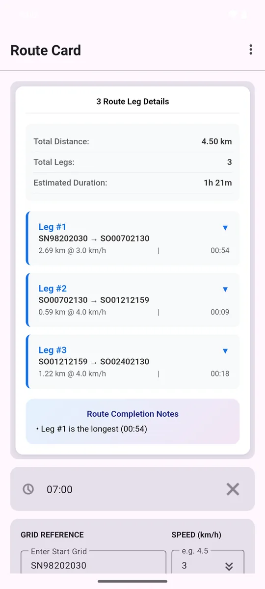 Route Card summary and detail view