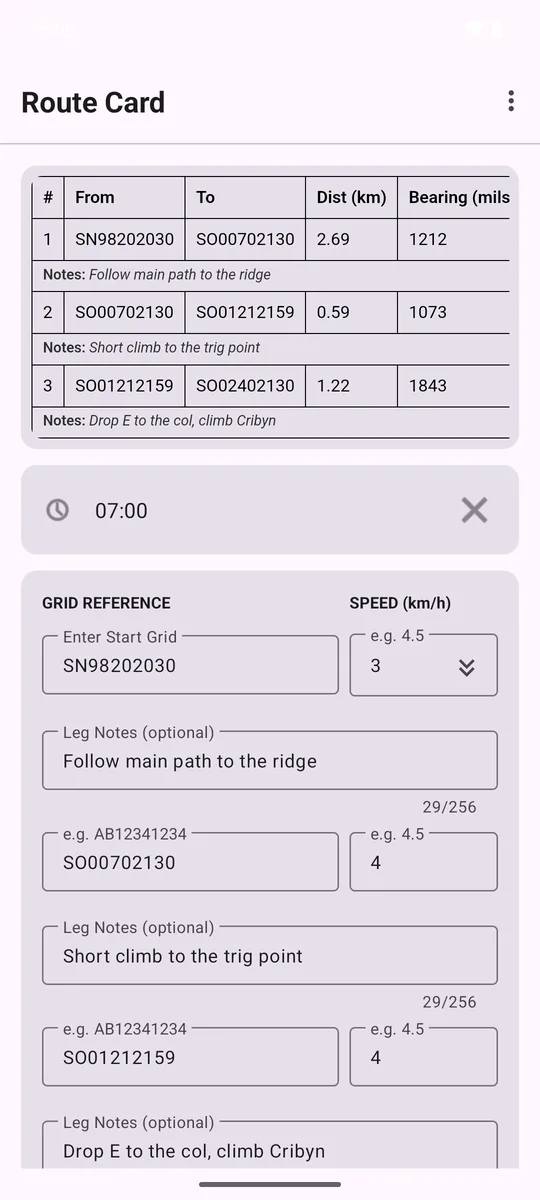 Route Card table view